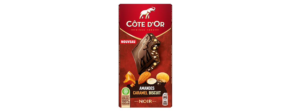 Côte d'Or Ultra gourmand Noir, amandes, caramel & éclats de biscuit 