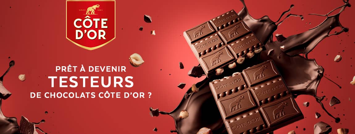 Tablette Côte D’or et ses éclats mise en avant avec le logo et l’offre testeurs.