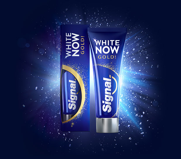 White Now Gold : Dentifrice Signal White Now Gold 3 fois plus de blancheur sourire star