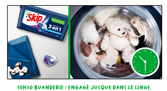 10h30 – Buanderie : Engagé jusque dans le panier à linge.
