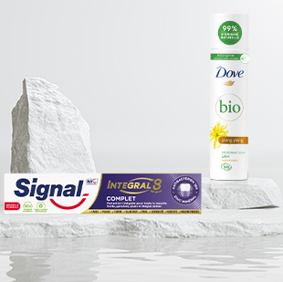 Signal dentifrice Integral 8 et Dove déodorant BIO 