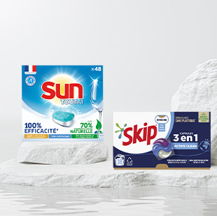 Sun tablettes tout en 1 pour lave-vaisselle et Skip lessive en capsules 3en1 sans emballage plastique