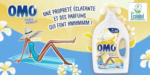 OMO lessive liquide Monoï ecolabel essences naturelles peaux sensibles testé dermatologiquement