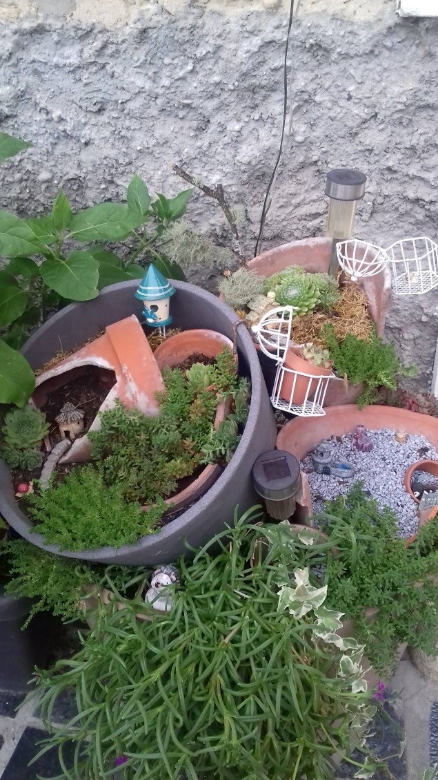 Un jardin miniature réalisé avec des pots de fleurs