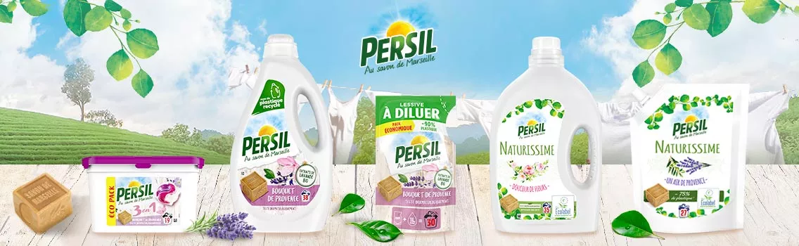 Persil lessives liquide capsules efficacité fraîcheur petit prix savon de Marseille