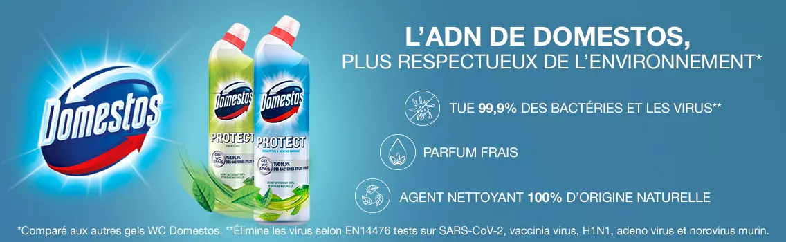 Domestos gel wc désinfectant antibactérien protect parfum frais biodégradable agent nettoyant origine naturelle