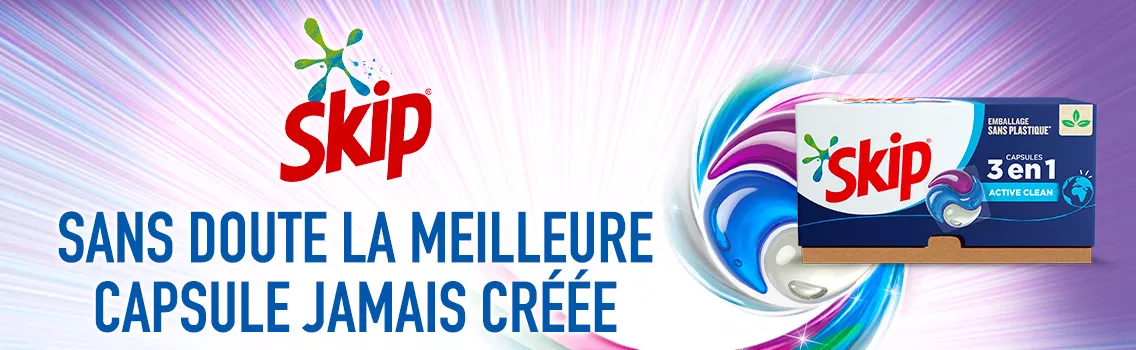 : skip lessive liquide capsules 3 en 1active clean efficace taches linge ingrédients origine végétale