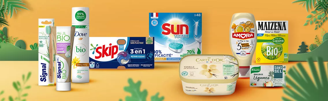 Produits Skip, Sun, Dove, Signal, Amora, Knorr, Carte d'Or, Maïzena pour faire un geste en faveur de l'environnement
