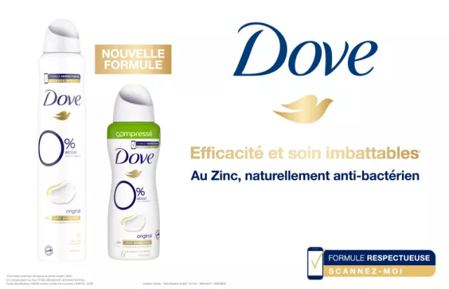 Dove déodorant spray 0% alcool nouvelle formule zinc antibactérien efficacité odeurs 48h formule respectueuse soin
