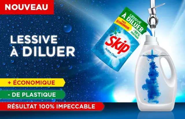 skip lessive liquide à diluer nouveau résultat impeccable linge tache efficace moins de plastique plus économique