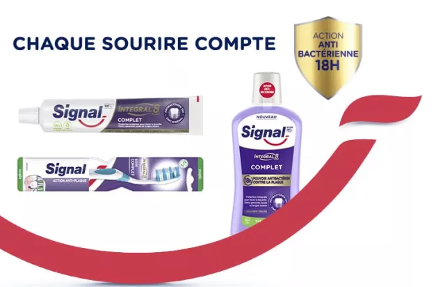 Signal soin expert Intégral 8 dentifrice brosse à dent bain de bouche antibacterien protection complète