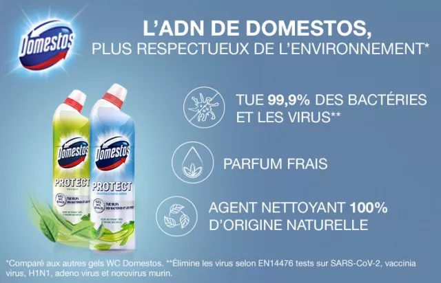 Domestos gel wc désinfectant antibactérien protect parfum frais biodégradable agent nettoyant origine naturelle
