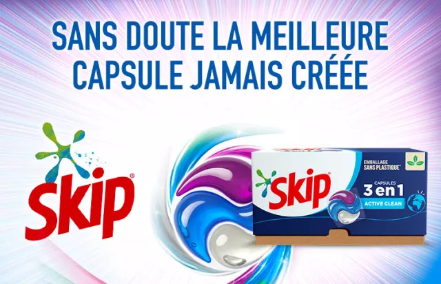: skip lessive liquide capsules 3 en 1active clean efficace taches linge ingrédients origine végétale
