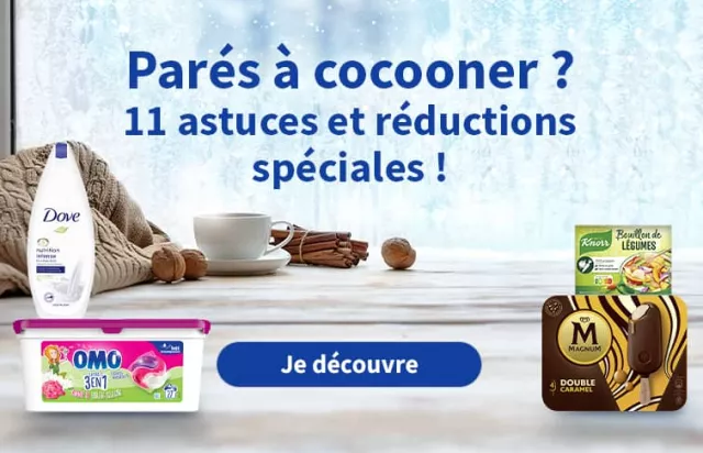 Passez un hiver cocooning avec Amora, Knor, Maïzena, Lipton, Eléphant, Magnum, Ben & Jerry's, Dove, Monsavon, Cajoline, OMO, SKIP.