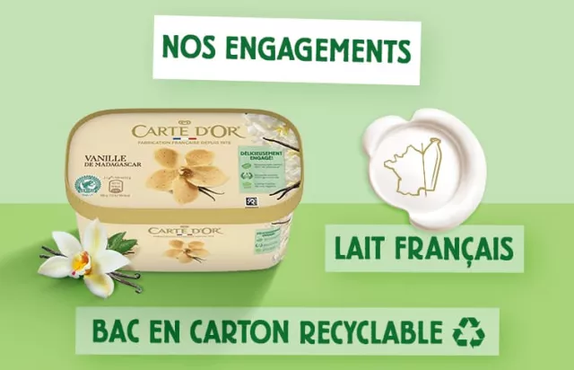 Carte d'Or crème glacée engagée  avec du lait français et un bac carton recyclable