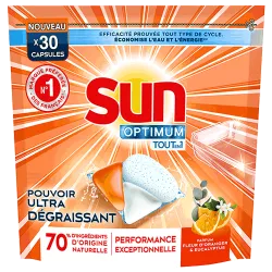Capsules Tout en 1 Sun Optimum Lave-vaisselle Pouvoir Ultra-Dégraissant Orange Eucalyptus