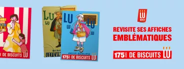 175 ans d'affiches LU... on remonte le temps ? Sur un fond bleu des affiches de LU