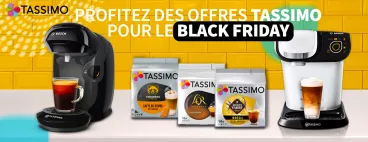 Fond orange avec machines et packs Tassimo ainsi que logo Tassimo