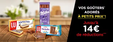 Des packs de Milka, Granola, Mikado sur une table