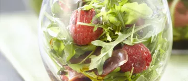 Verrine de magret fumé, roquette et framboises au vinaigre balsamique de Modène IGP MAILLE®