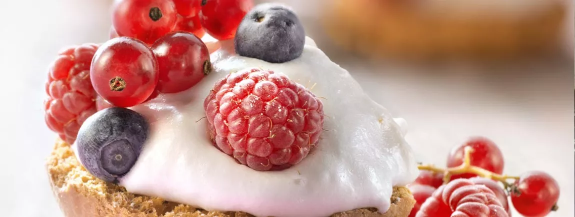 Briochettes grillées Heudebert®, mousse aux fruits rouges