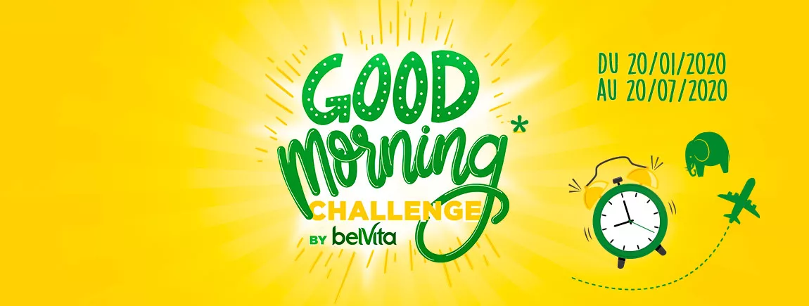 Good Morning Challenge au centre sur fond jaune à côté d’un réveil, un éléphant et un avion