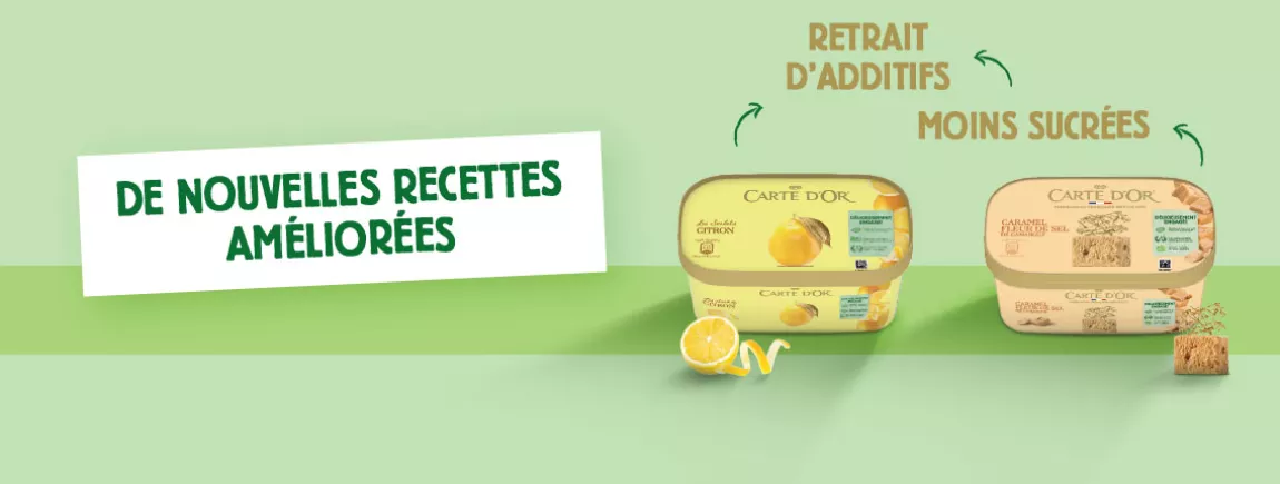 De nouvelles recettes améliorées Nouvelle recette creme glacee glace sorbet moins de sucre lait creme carte d’or alimentation additifs controverses