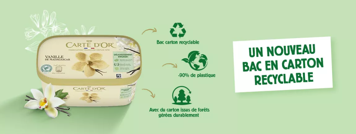 Emballage packaging carton recyclable tri carte d’or PEFC bac durable environnement moins de plastique glace vanille creme glacee miko nouveau