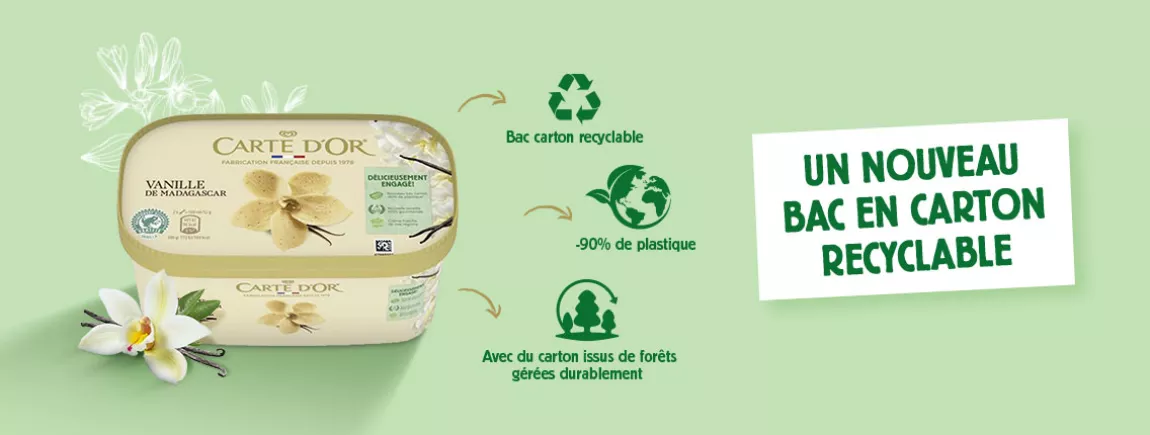 Nouveau bac Carte d’Or recyclable en carton PEFC Emballage packaging carton recyclable tri carte d’or PEFC bac durable environnement moins de plastique glace vanille creme glacee miko nouveau