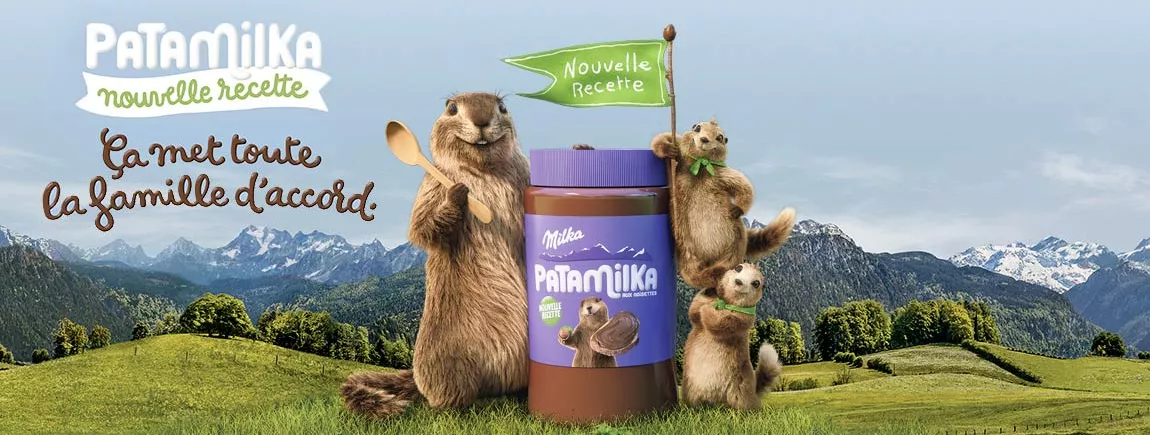 Patamilka nouvelle recette, le secret qui va mettre toute la famille d’accord ! Marmottes et mamottons Milka à côté d’un pot de Patamilka Nouvelle recette