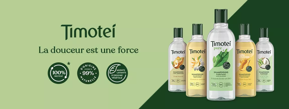 Gagnez 1 an de routine cheveux Timotei® Naturellement en accord avec vos besoins Timotei®, la douceur est une force