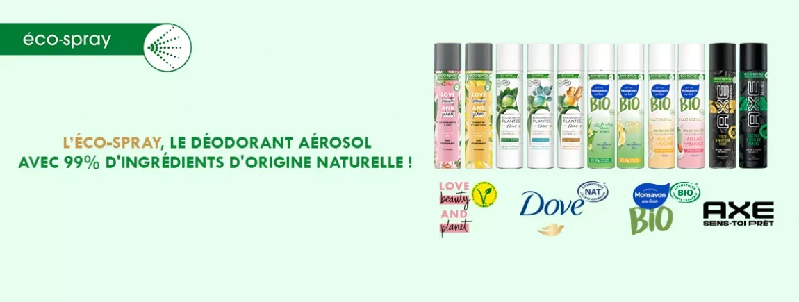 L’éco-spray, le déodorant aérosol avec 99% d’ingrédients d’origine naturelle ! Déodorant éco-spray ingrédients origine naturelle aérosol Dove Axe Monsavon Love Beauty and Planet