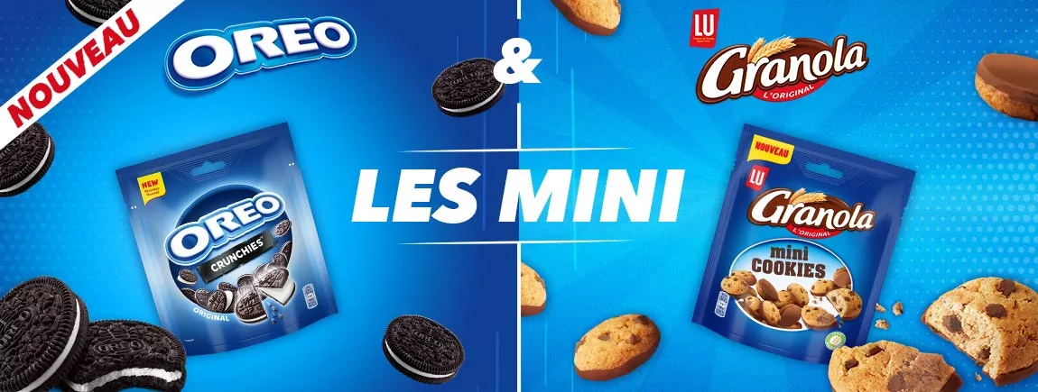 Sur un fond bleu, les packs de Granola et Oreo