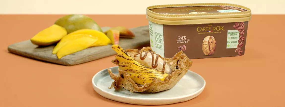 Café – Crème glacée – Dessert – Tuile – Praliné – Mangue