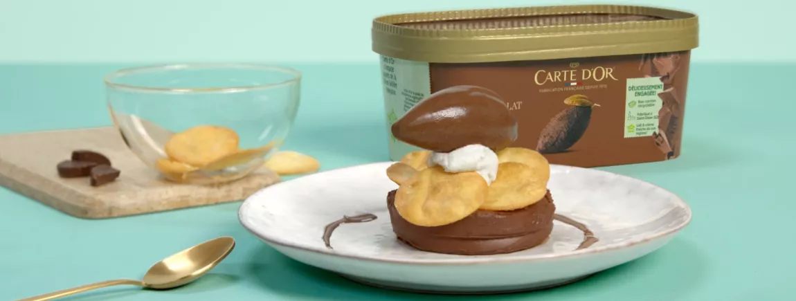 Crème glacée chocolat Carte d'Or®, oreillettes noisettes fleur de sel Recette – Chocolat – Crème glacée – Dessert – Oreillettes - Noisettes