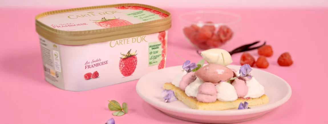 Duo de Crèmes Glacées Vanille-Framboise Carte d'Or®, biscuit moelleux aux amandes Vanille – Crème glacée – Dessert – Biscuit – Amandes – Framboises