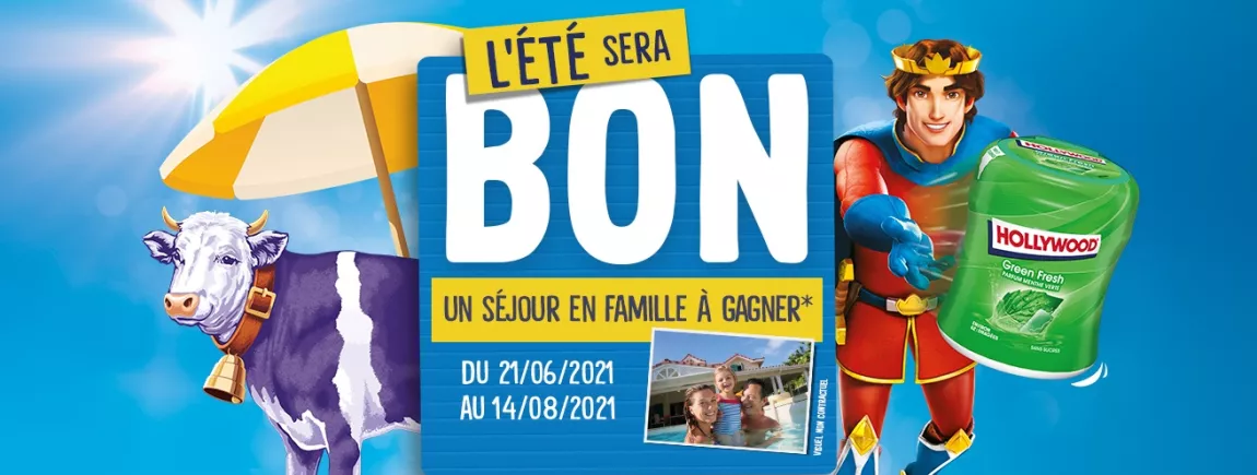 À vous de jouer, tentez de gagner une semaine en famille avec vos marques préférées ! Sur un fond bleu les mascottes présentent une semaine à gagner