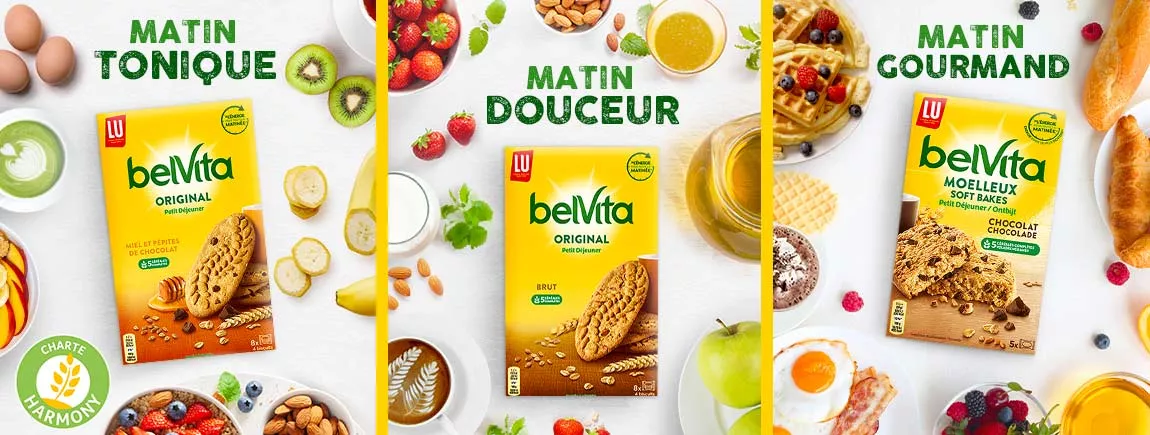 Sur un fond blanc des ingrédients et des packs de belVita.