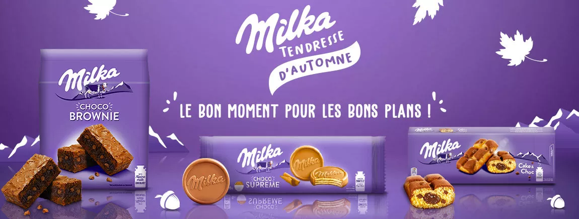 Cet automne, faites le plein de tendresse avec Milka Des packs de biscuits sur fond violet