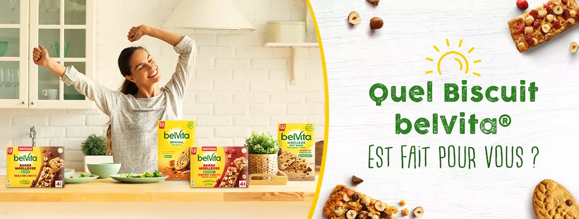 Test : quel biscuit belVita est fait pour moi ? Une femme et des biscuits dans une cuisine.