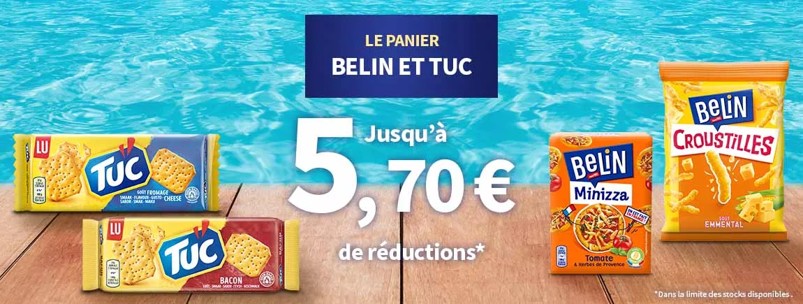 Sur un fond de piscine, des packs sur une terrasse en bois et le texte « Jusqu’à 3,50€ de réductions. 