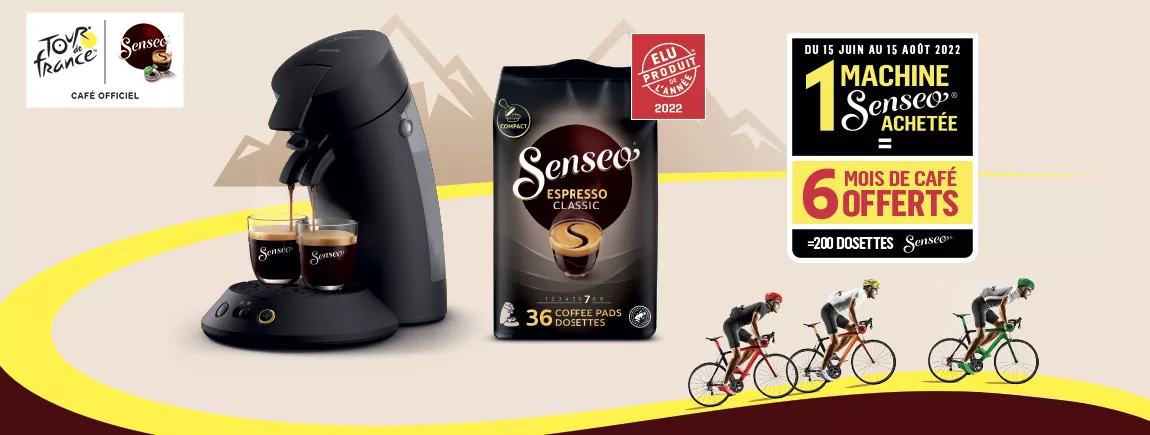 L’offre machine Senseo sur un fond du tour de France