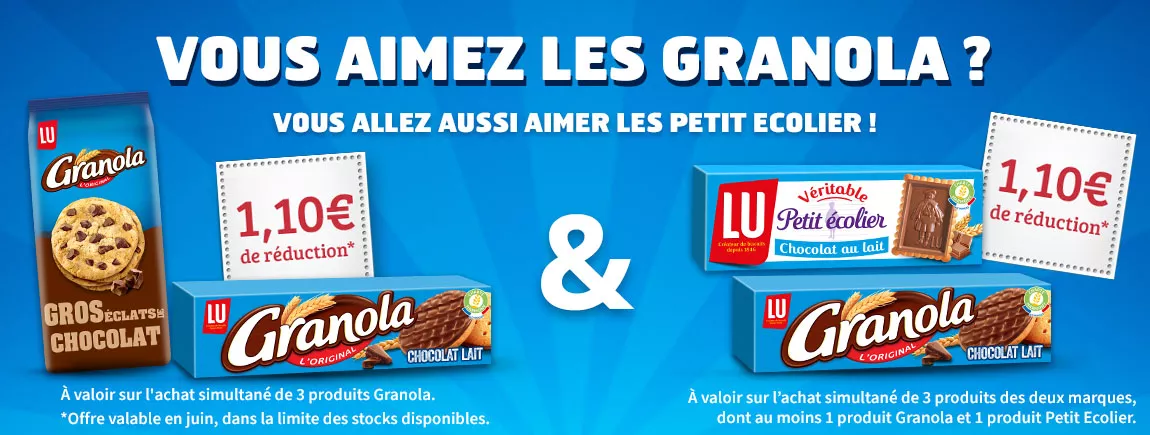 Des packs de Granola et petit écolier sur un fond bleu