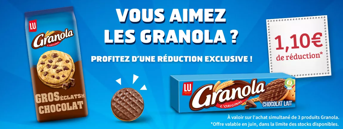 Des packs de Granola sur un fond bleu