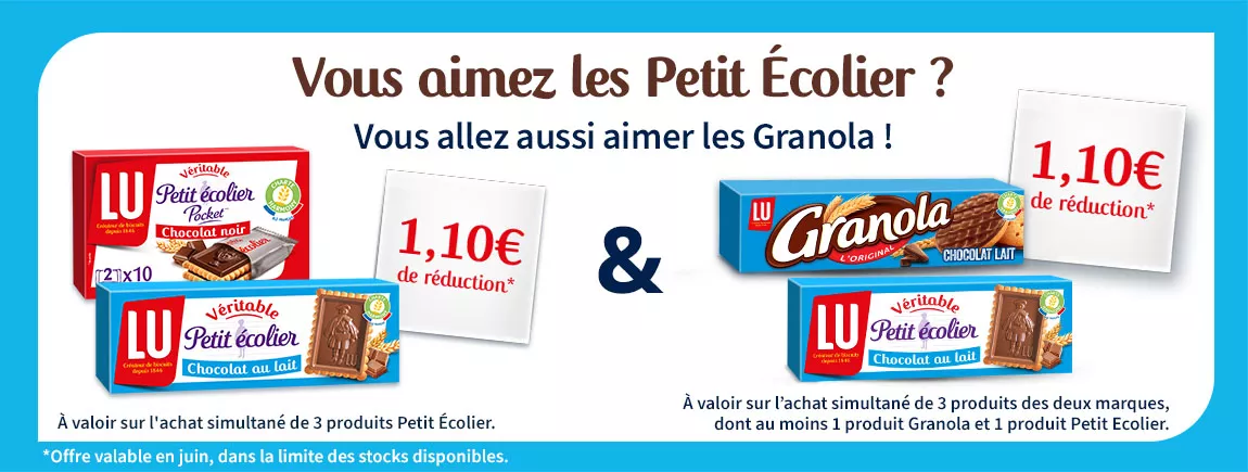 Des packs de Granola et petit écolier avec un biscuit nu Petit Ecolier