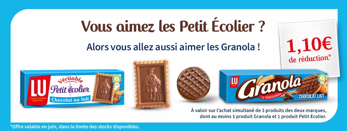 Des packs de Granola et petit écolier et des biscuits nus Granola et Petit Ecolier