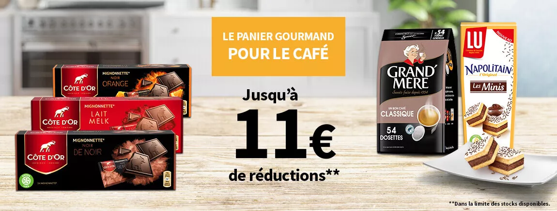 Fond d’une cuisine avec des packs CDO , café Grand’Mère et Napolitain