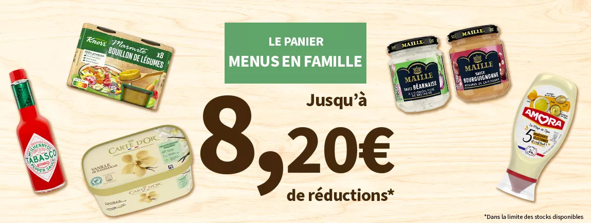 Bons de réductions pour préparer des plats rapides, faciles et économiques pour toute la famille Amora Knorr, Maïzena, Maille, Carte d’Or, Tabasco