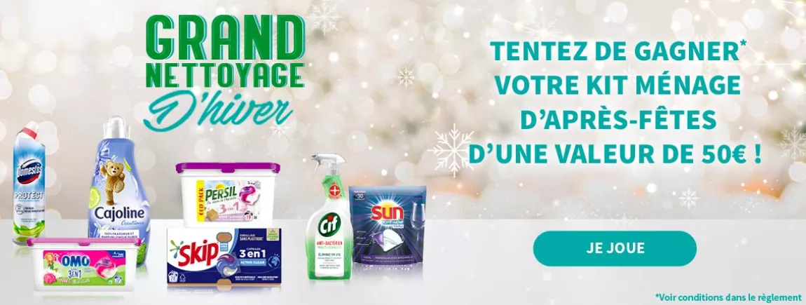 Tentez de gagner* votre kit ménage d’après fêtes avec Skip®, Omo®, Persil®, Cajoline®, Sun®, Cif® & Domestos® Nettoyage d'hiver jeu Skip, Sun, Cif, Cajoline, Omo, Persil, Cif, Domestos