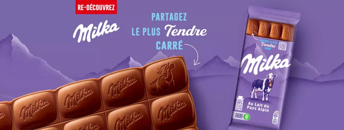 Partagez le plus tendre carré Tablette Milka avec un titre accrocheur, tablette milka et fond de montagne